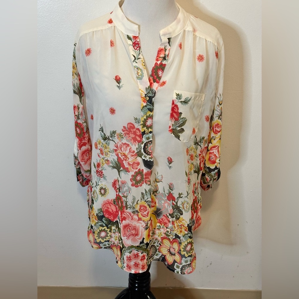 Jun & Ivy Lightweight Floral Oversized Boho Mock Neck Blouse Size M Coquette